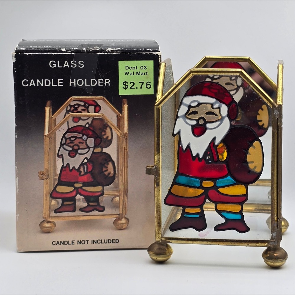 Vintage Glass Candle Holder Santa‎ Metal Frame Stained Glass Christmas Decor